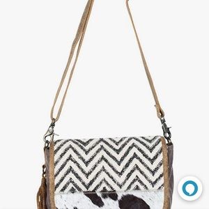 Myra shoulder/crossbody bag chevron and cowhide artistic upcycled
